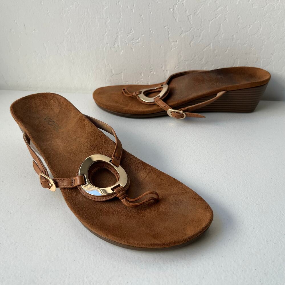 Vionic Orchid Wedge Sandals Brown Size 11 Thong Slip-On Orthotic Comfy Neutral